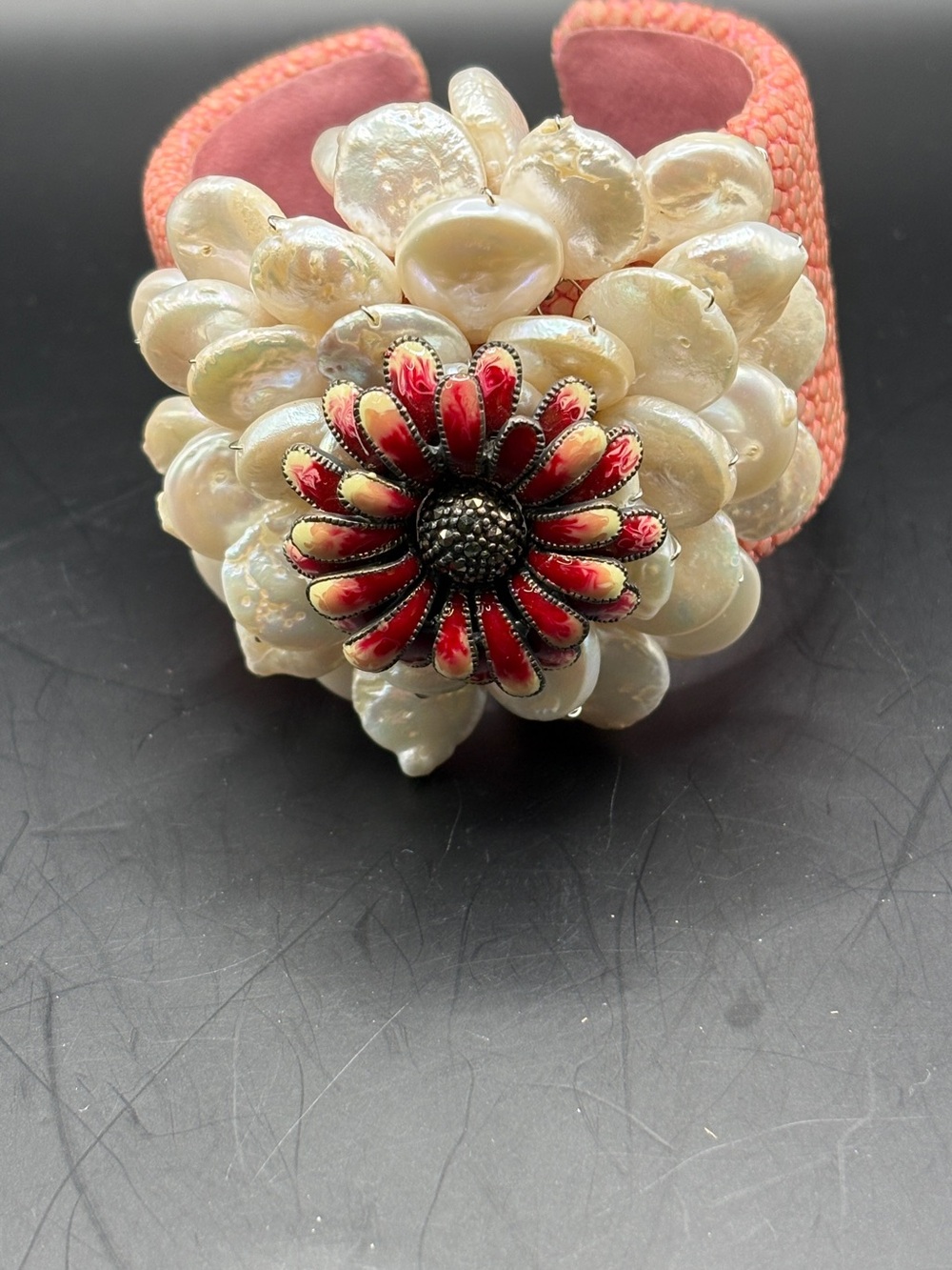 Statement Freshwater Pearl Flower Cuff Bracelet Pink Stingray Leather